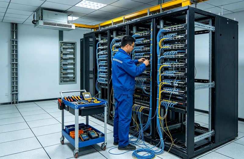 综合布线工程施工实景，机柜内蓝色网线整齐理线接入配线架